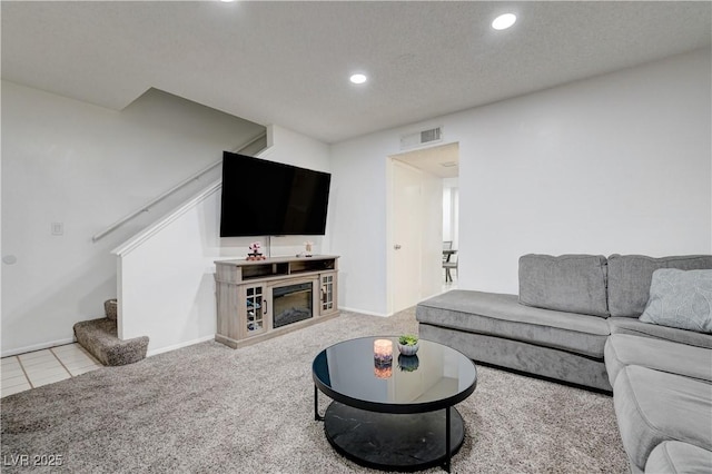7066 Burcot Ave Unit 59, Las Vegas, NV 89156 - living area featuring recessed lighting, carpet flooring, stairway, and tile patterned flooring