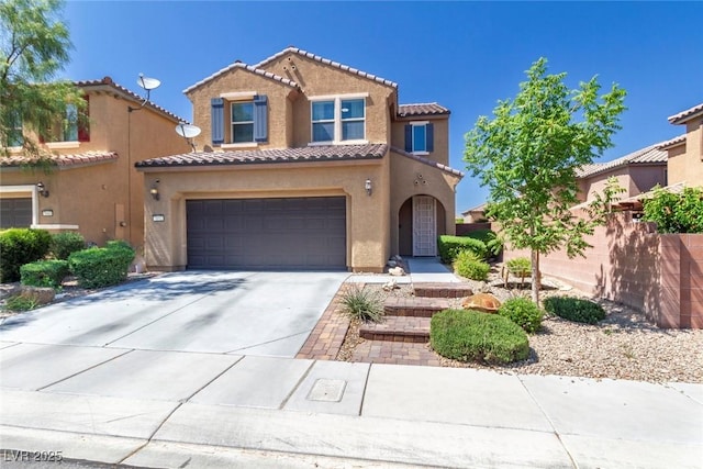 7652 Silver Baron Rd, Las Vegas, NV 89179 - mediterranean / spanish-style home with a tile roof, stucco siding, concrete driveway, and an attached garage