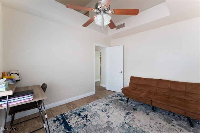 309 Clifton Heights Dr, Las Vegas, NV 89145 - tiled office space featuring ceiling fan and a tray ceiling