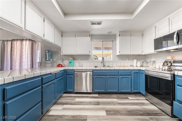 2230 Wagon Ave, Pahrump, NV 89048 - kitchen featuring stainless steel appliances, blue cabinetry, a raised ceiling, and white cabinets