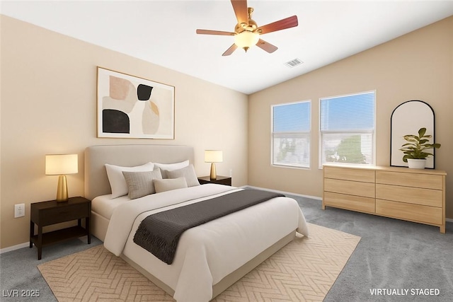 9338 Square Dance Pl Unit 101, Las Vegas, NV 89178 - bedroom featuring light carpet, lofted ceiling, and a ceiling fan