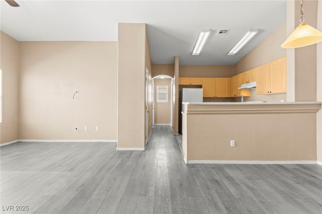 9338 Square Dance Pl Unit 101, Las Vegas, NV 89178 - kitchen featuring light brown cabinets, under cabinet range hood, light wood-type flooring, open floor plan, and light countertops