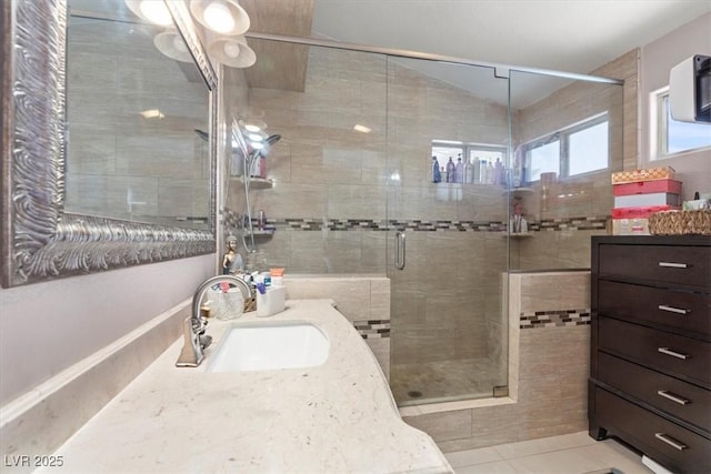 6292 Belgium Dr, Las Vegas, NV 89122 - bathroom featuring vanity, a stall shower, and tile patterned floors