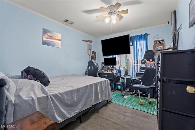 6292 Belgium Dr, Las Vegas, NV 89122 - bedroom with carpet floors, ornamental molding, ceiling fan, and an office area