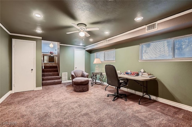 6213 Fairwood Ave, Las Vegas, NV 89107 - carpeted office space with ceiling fan, recessed lighting, and crown molding