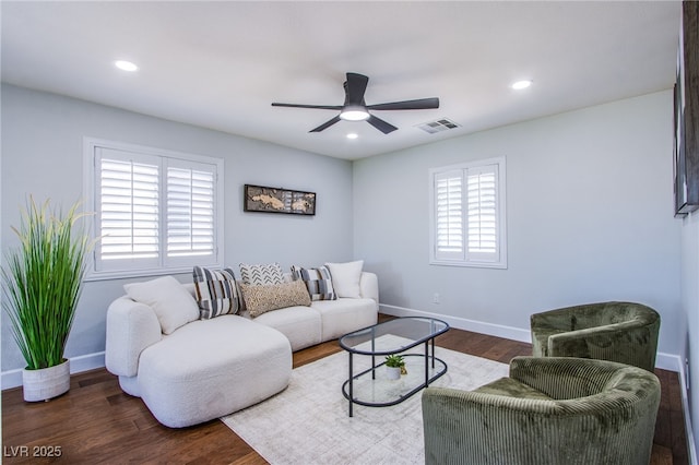 7445 Mezzanine View Ave, Las Vegas, NV 89178 - living room with ceiling fan, dark wood-type flooring, and recessed lighting