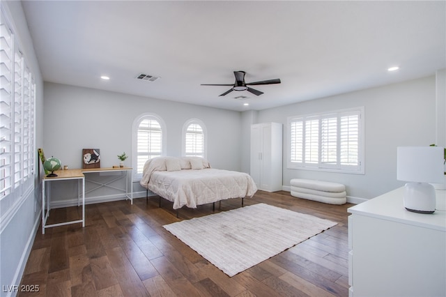7445 Mezzanine View Ave, Las Vegas, NV 89178 - bedroom with dark wood-style flooring, a ceiling fan, and recessed lighting