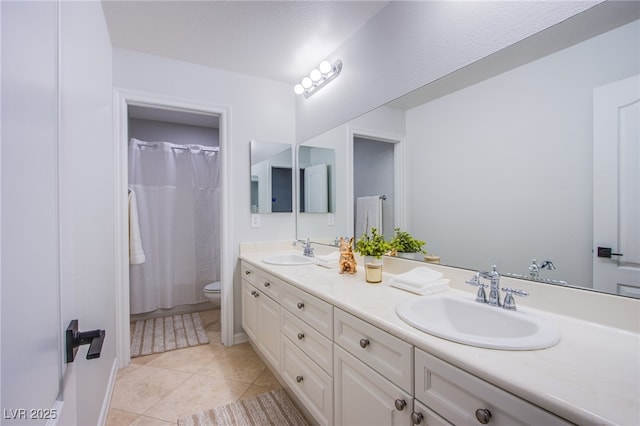 7445 Mezzanine View Ave, Las Vegas, NV 89178 - full bath featuring double vanity, tile patterned flooring, and a shower with shower curtain