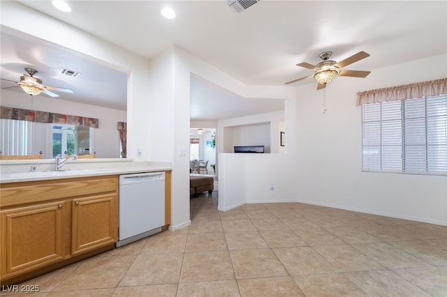3029 Brownbirds Nest Dr, Henderson, NV 89052 - kitchen featuring dishwasher, a ceiling fan, light countertops, light tile patterned flooring, and recessed lighting
