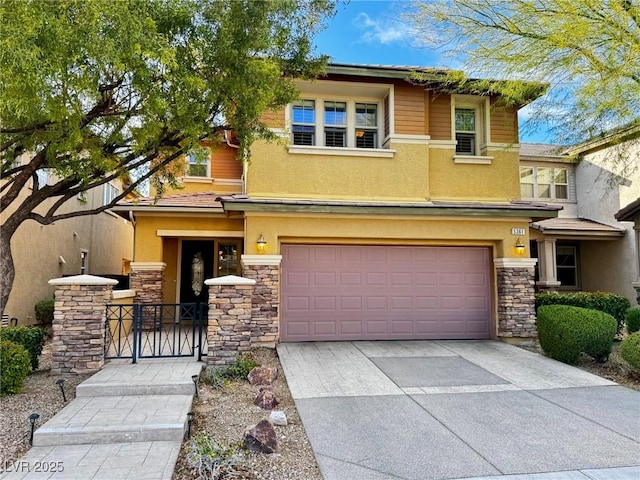 5361 Candlespice Way, Las Vegas, NV 89135 - prairie-style home featuring stone siding, stucco siding, a garage, and driveway