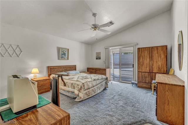 5139 Zapata Ln, North Las Vegas, NV 89031 - carpeted bedroom with lofted ceiling, access to exterior, and ceiling fan