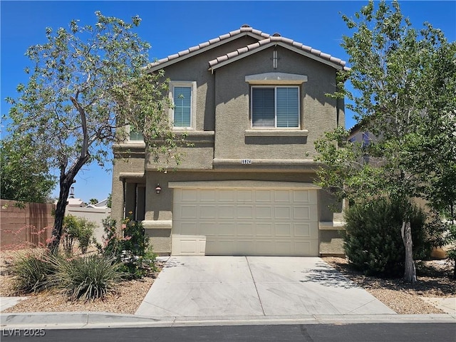 6824 Briarwood Bend Ave, Las Vegas, NV 89130 - view of front facade with an attached garage, stucco siding, driveway, and a tile roof