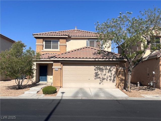 5477 Ovando Way, Las Vegas, NV 89122 - view of front of home featuring driveway, a tiled roof, stucco siding, and an attached garage