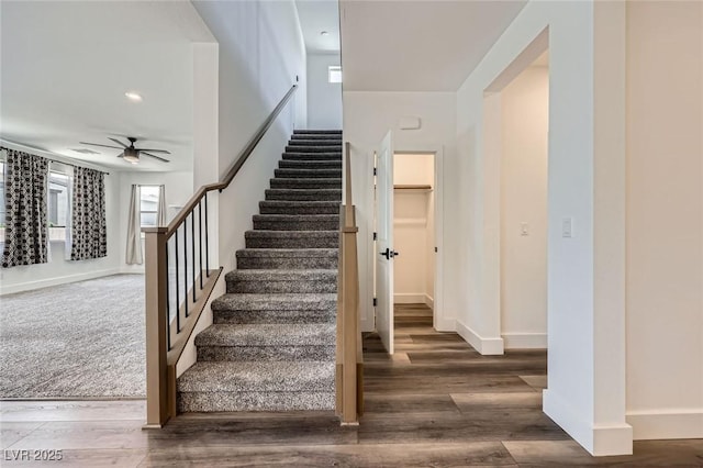 1213 Granite Falls Pl, North Las Vegas, NV 89084 - staircase featuring a ceiling fan, wood finished floors, and recessed lighting