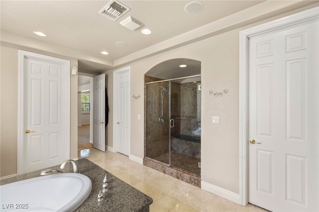 2285 Villefort Ct, Las Vegas, NV 89117 - bathroom with a stall shower, recessed lighting, and vanity