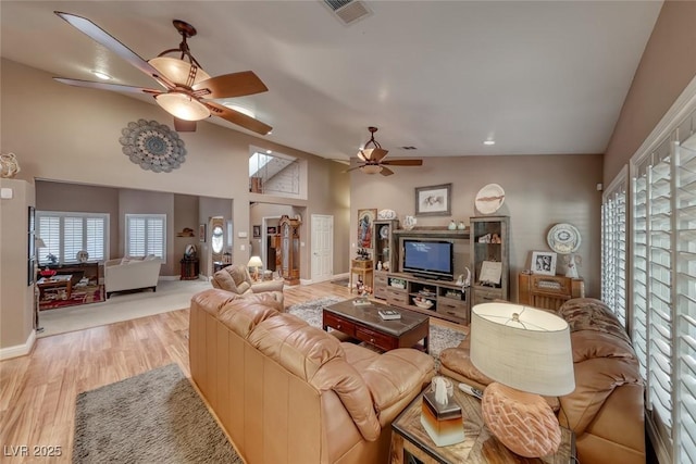 4045 N Chieftain St, Las Vegas, NV 89129 - living room featuring a ceiling fan, wood finished floors, and recessed lighting
