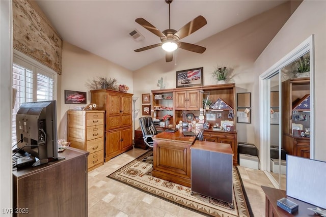 4045 N Chieftain St, Las Vegas, NV 89129 - home office featuring a ceiling fan and high vaulted ceiling