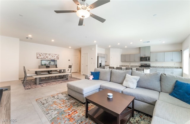7211 Alabaster Peak St, Las Vegas, NV 89166 - living room featuring recessed lighting, light tile patterned floors, and a ceiling fan