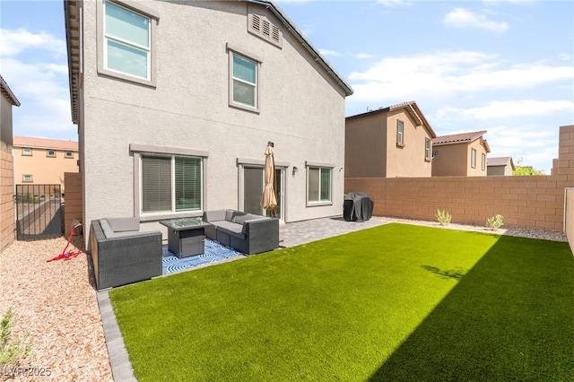 7211 Alabaster Peak St, Las Vegas, NV 89166 - rear view of property featuring an outdoor hangout area, stucco siding, a fenced backyard, and a patio area