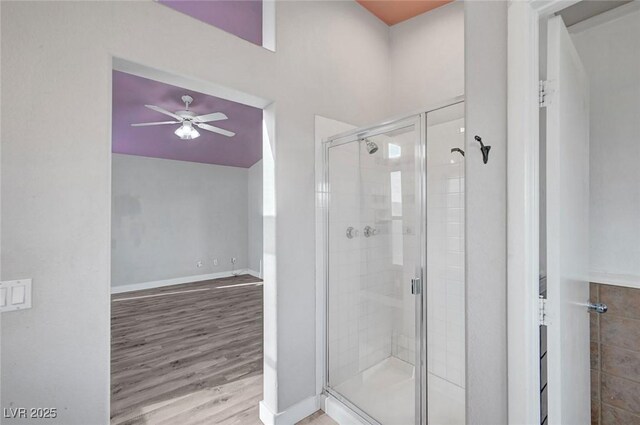 5823 Rose Sage St, North Las Vegas, NV 89031 - full bath with ceiling fan, a stall shower, and wood finished floors
