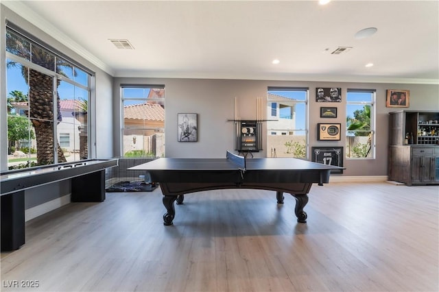 352 Angels Trace Ct, Las Vegas, NV 89148 - playroom with crown molding, light wood finished floors, billiards table, and recessed lighting