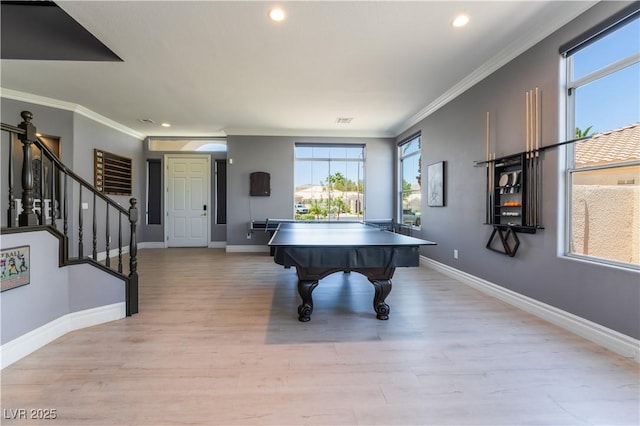 352 Angels Trace Ct, Las Vegas, NV 89148 - recreation room with ornamental molding, recessed lighting, and light wood finished floors
