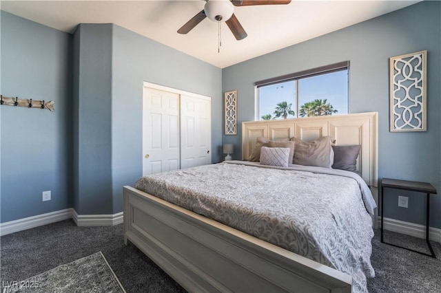 352 Angels Trace Ct, Las Vegas, NV 89148 - bedroom with dark carpet, a closet, and ceiling fan