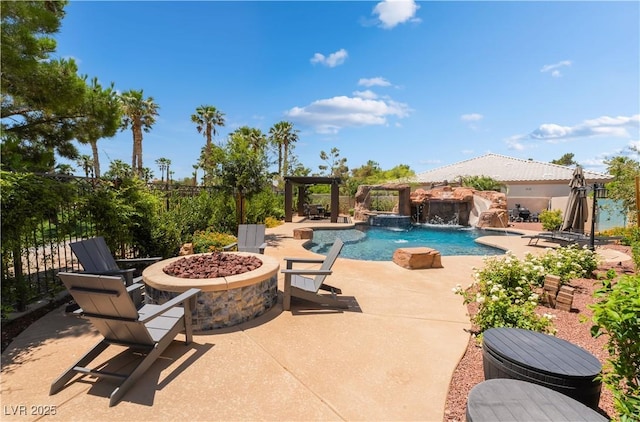 352 Angels Trace Ct, Las Vegas, NV 89148 - view of swimming pool featuring a fire pit, a patio, and an outdoor hot tub