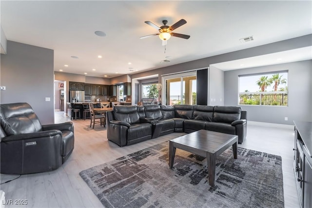 352 Angels Trace Ct, Las Vegas, NV 89148 - living room featuring ceiling fan, light wood-style flooring, and recessed lighting