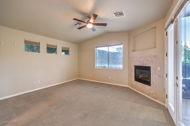10300 Wellside Hill Ave, Las Vegas, NV 89145 - unfurnished living room with ceiling fan, carpet flooring, plenty of natural light, and lofted ceiling