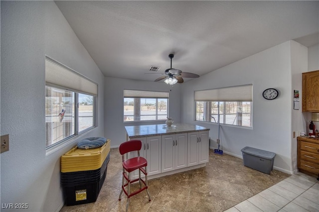 3251 S Parkridge Ave, Pahrump, NV 89048 - kitchen featuring vaulted ceiling, ceiling fan, a kitchen bar, white cabinets, and a center island