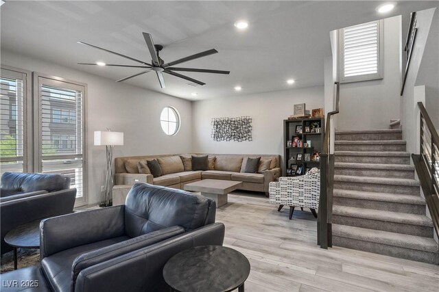 8175 Caldera Creek St, Las Vegas, NV 89113 - living area featuring a ceiling fan, stairs, light wood-type flooring, and recessed lighting