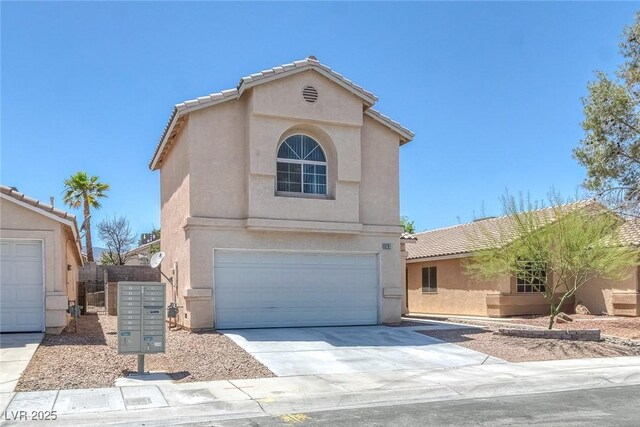 3741 Cactus Wheel Ct, Las Vegas, NV 89129 - mediterranean / spanish home featuring a garage, stucco siding, concrete driveway, and a tiled roof