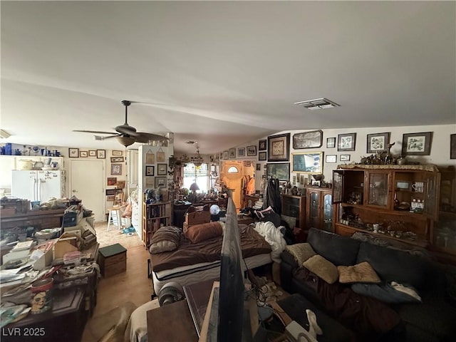 6271 Explorer Dr, Las Vegas, NV 89103 - living area with a ceiling fan and lofted ceiling