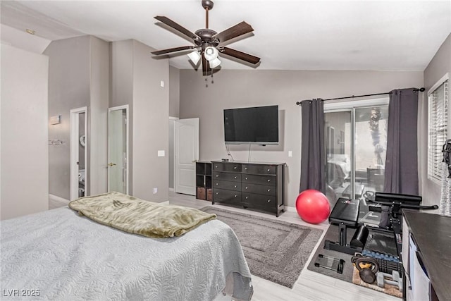 1761 Summerwood Cir, Henderson, NV 89012 - bedroom featuring access to outside, ceiling fan, wood finished floors, and high vaulted ceiling
