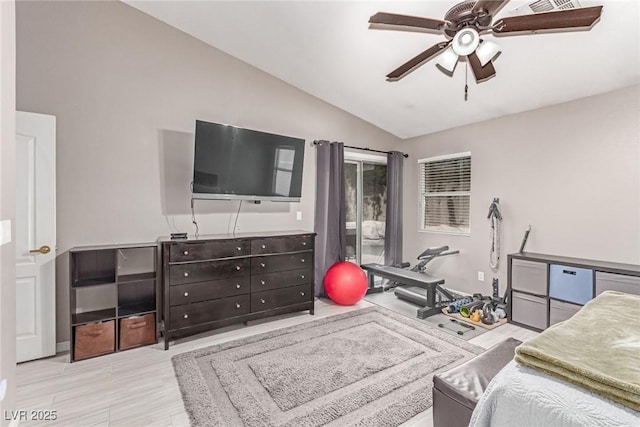 1761 Summerwood Cir, Henderson, NV 89012 - bedroom with vaulted ceiling, access to exterior, and ceiling fan