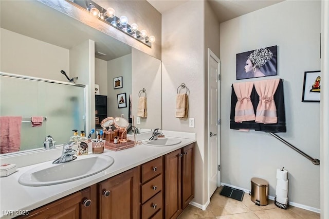 7717 Pine Warbler Way N, Las Vegas, NV 89084 - bathroom featuring double vanity, an enclosed shower, and tile patterned flooring