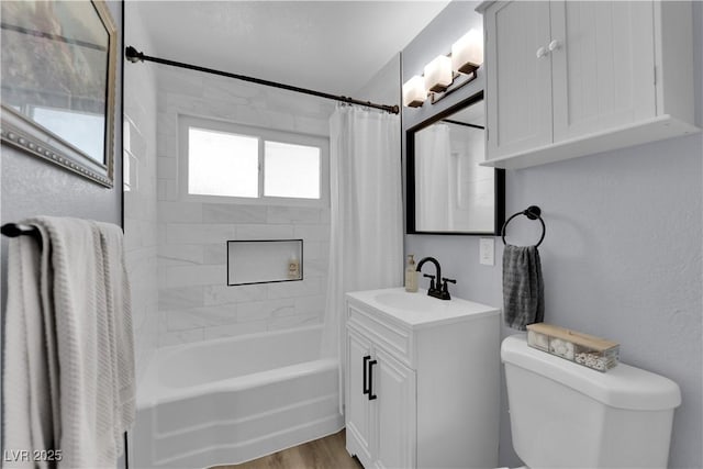 3509 Navajo Way, Las Vegas, NV 89108 - full bathroom featuring shower / bath combination with curtain, vanity, and wood finished floors