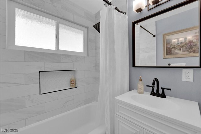 3509 Navajo Way, Las Vegas, NV 89108 - bathroom featuring shower / bathtub combination with curtain and vanity
