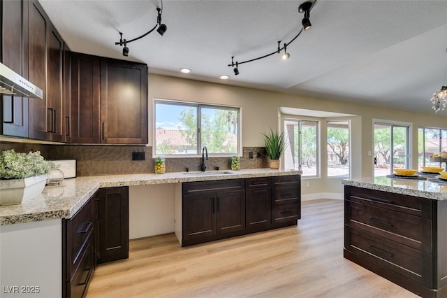 9800 Rosamond Dr, Las Vegas, NV 89134 - kitchen with plenty of natural light, light wood-style floors, decorative backsplash, and track lighting