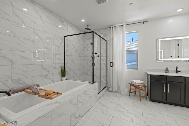 3369 Ponicelli Ln, Henderson, NV 89044 - bathroom featuring a marble finish shower, a bath, marble look tiles, and vanity