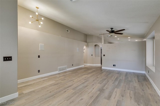 87 Ginger Lily Ter, Henderson, NV 89074 - unfurnished room with ceiling fan, vaulted ceiling, light wood finished floors, a chandelier, and recessed lighting