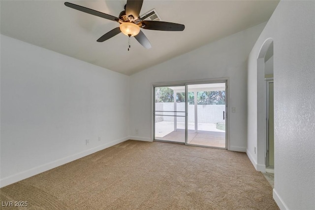 87 Ginger Lily Ter, Henderson, NV 89074 - unfurnished room featuring light colored carpet, lofted ceiling, arched walkways, and ceiling fan