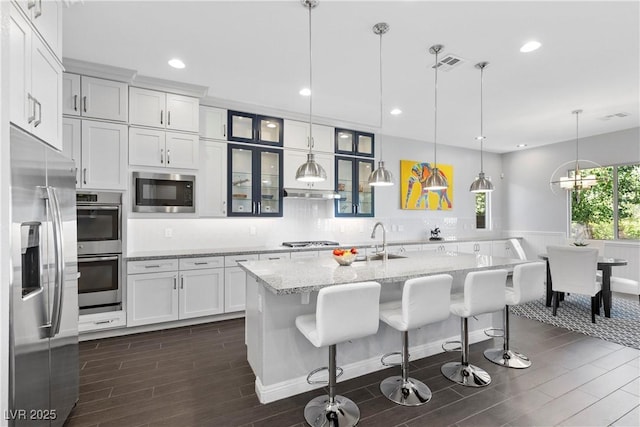 6338 Skystone St, Las Vegas, NV 89135 - kitchen with appliances with stainless steel finishes, dark wood-type flooring, wainscoting, glass insert cabinets, and white cabinets