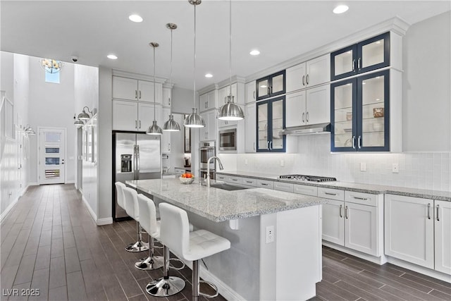 6338 Skystone St, Las Vegas, NV 89135 - kitchen featuring dark wood finished floors, appliances with stainless steel finishes, under cabinet range hood, an island with sink, and backsplash