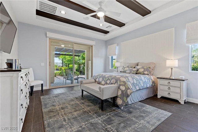 6338 Skystone St, Las Vegas, NV 89135 - bedroom with access to outside, a raised ceiling, wood finish floors, recessed lighting, and ceiling fan