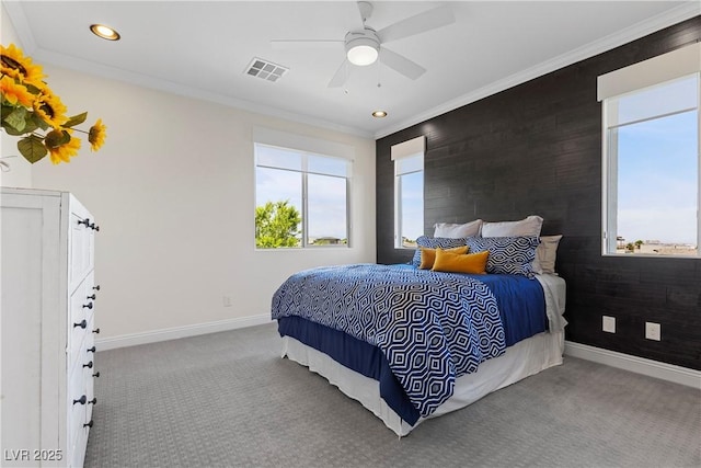 6338 Skystone St, Las Vegas, NV 89135 - bedroom featuring carpet floors, ornamental molding, an accent wall, recessed lighting, and a ceiling fan