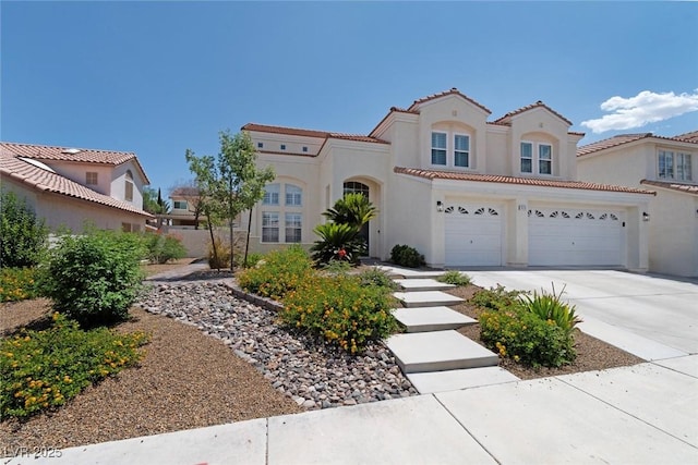 8113 Blue Cascade Ave, Las Vegas, NV 89128 - mediterranean / spanish house featuring stucco siding, driveway, an attached garage, and a tile roof