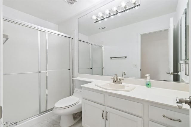 8113 Blue Cascade Ave, Las Vegas, NV 89128 - full bathroom with vanity, a shower stall, and marble look tile flooring