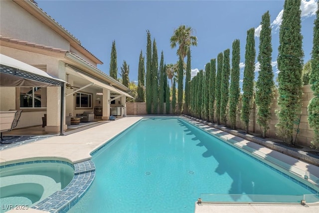 5405 San Bellasera Ct, Las Vegas, NV 89141 - view of pool with a patio area, a fenced backyard, and a pool with connected hot tub